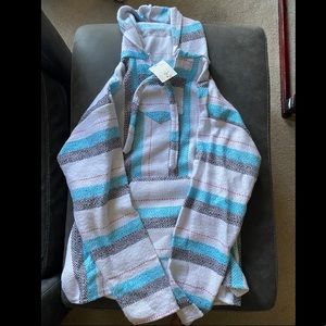 White, blue, grey & red stripped baja shrug/ poncho hoodie. NWT. Size M.